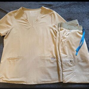 Figs Khaki Scrub Set with Blue Accent